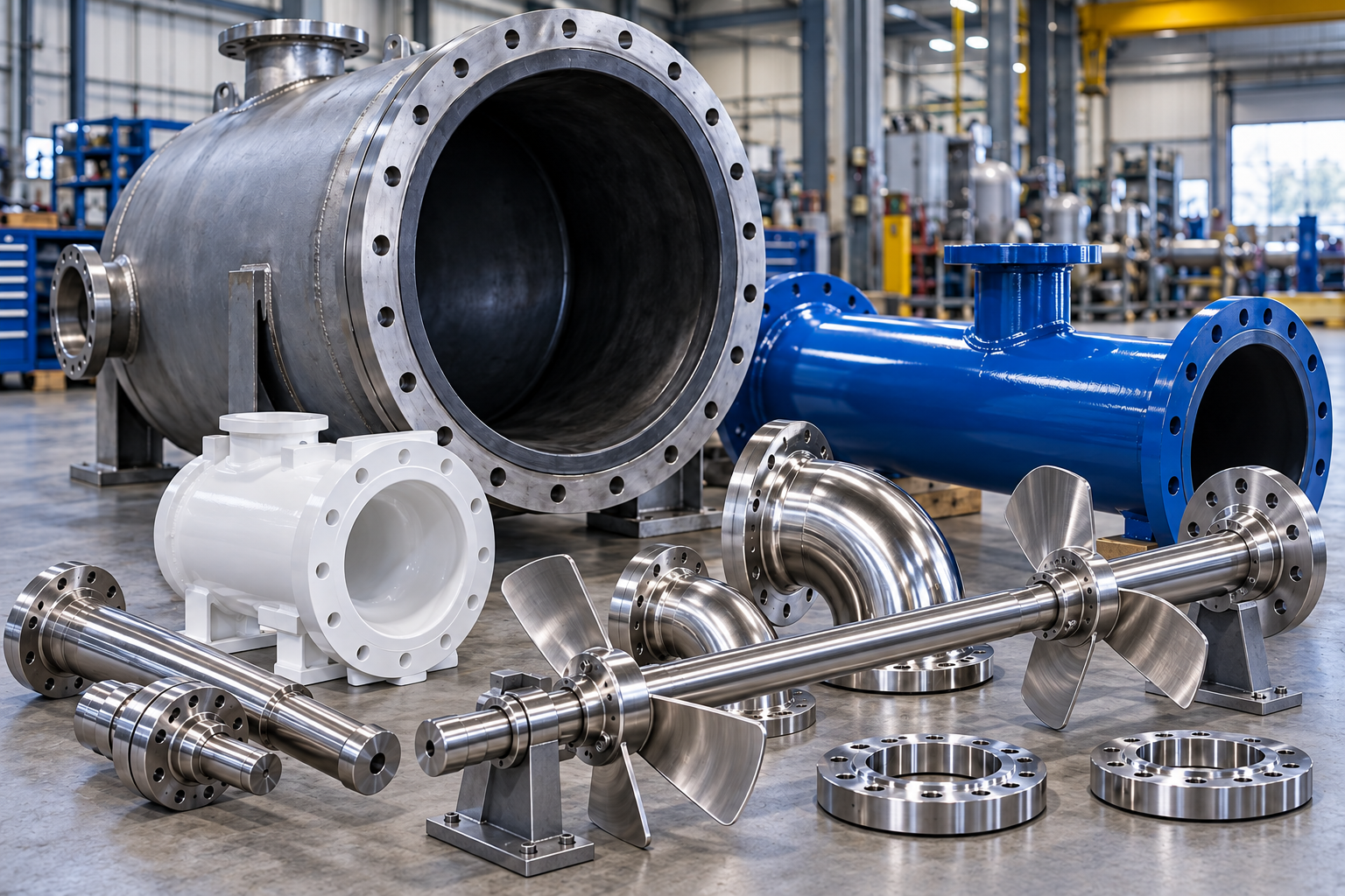 Concept illustration of lined vessels, coated spools, a stainless agitator and polished components
